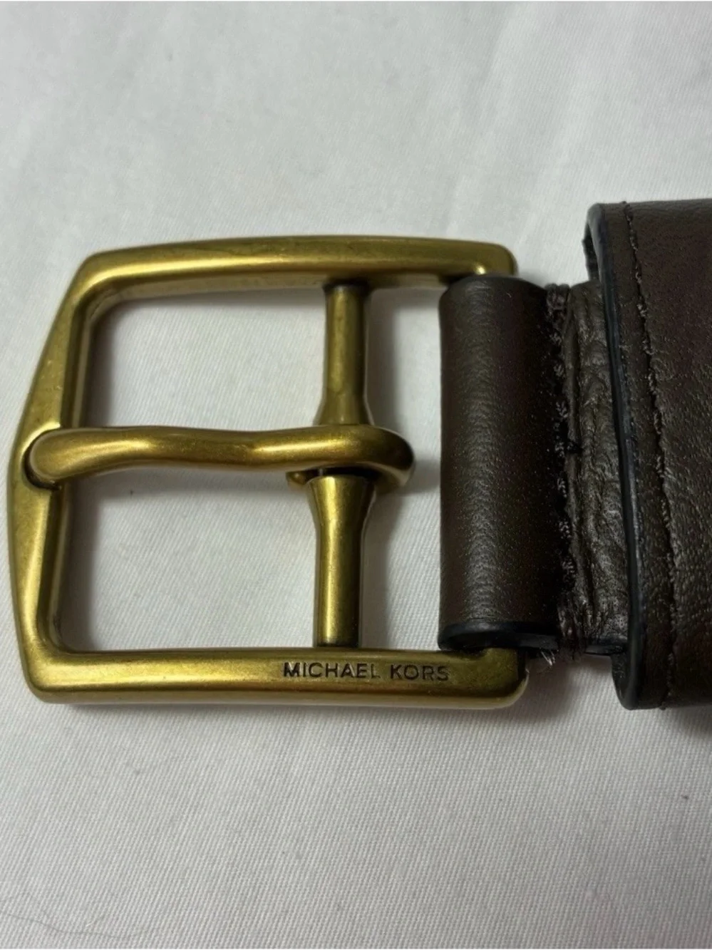 Michael Kors Womens belt Braided Leather Dark Brown Antique Gold Buckle Logo